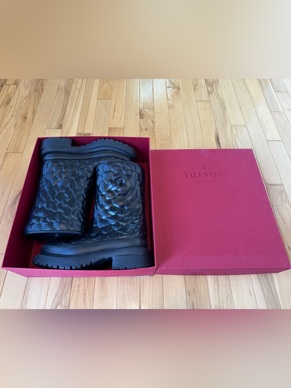 Valentino Garavani Black Quilted Leather Camellia Winter Boots